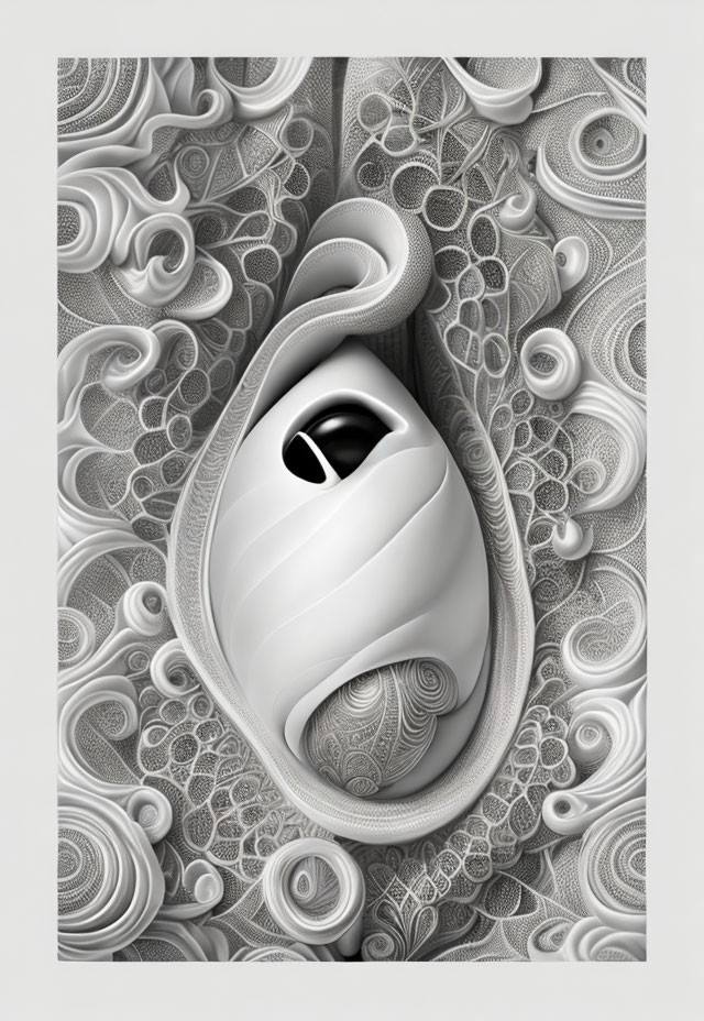 Monochromatic digital artwork: Abstract swirling patterns with mummy-like figure on textured background