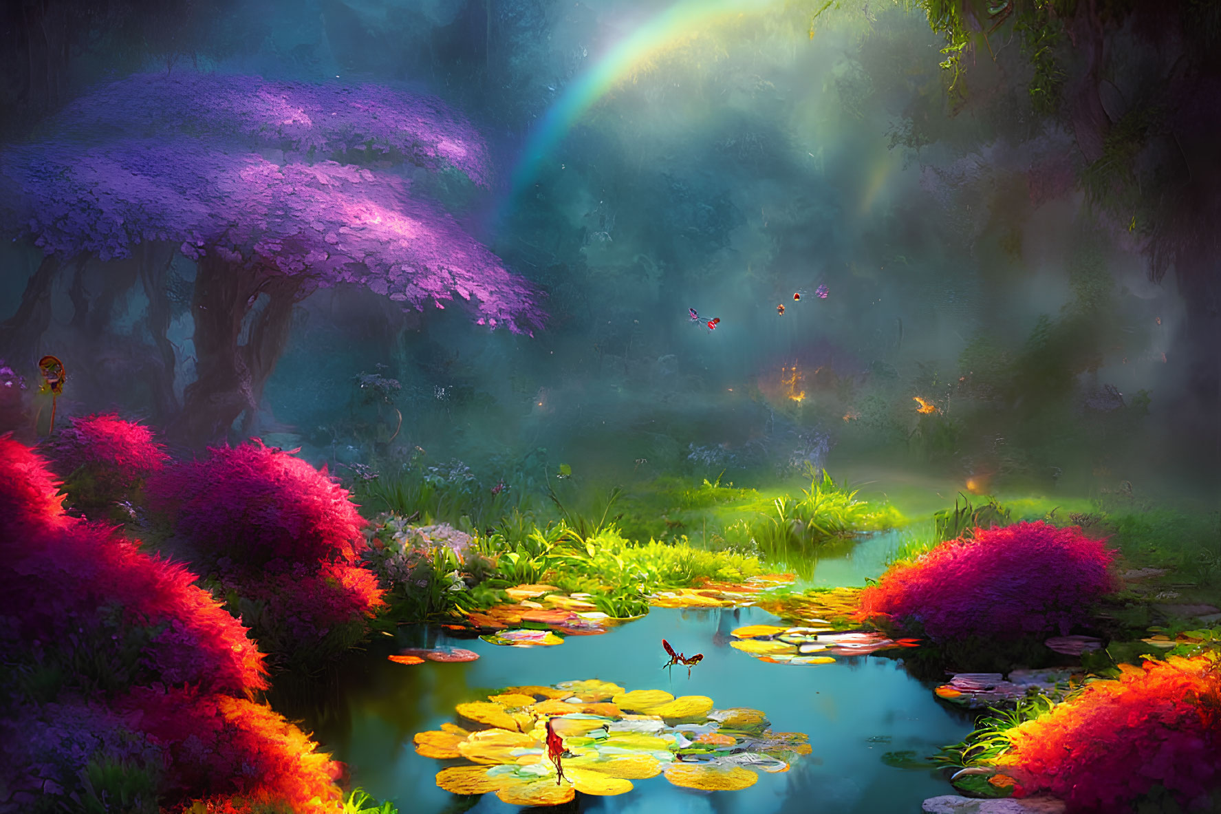 Mystical forest scene with rainbow, glowing flora, pond, and butterflies