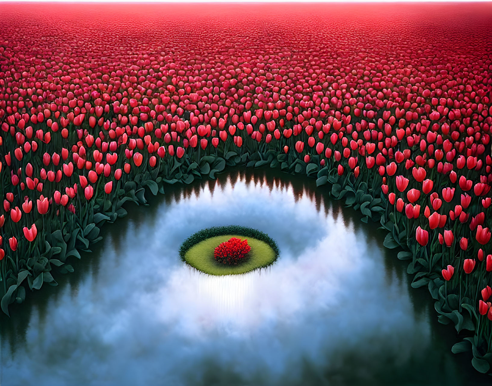 Vibrant red tulip field with eye-shaped pond in center