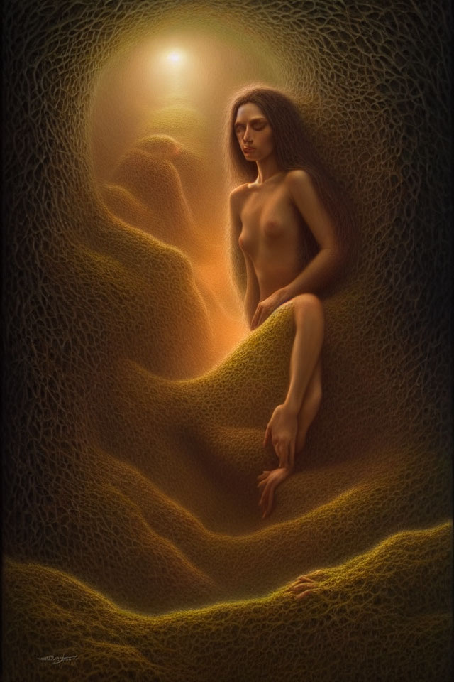 Surreal nude woman on textured landscape in warm light