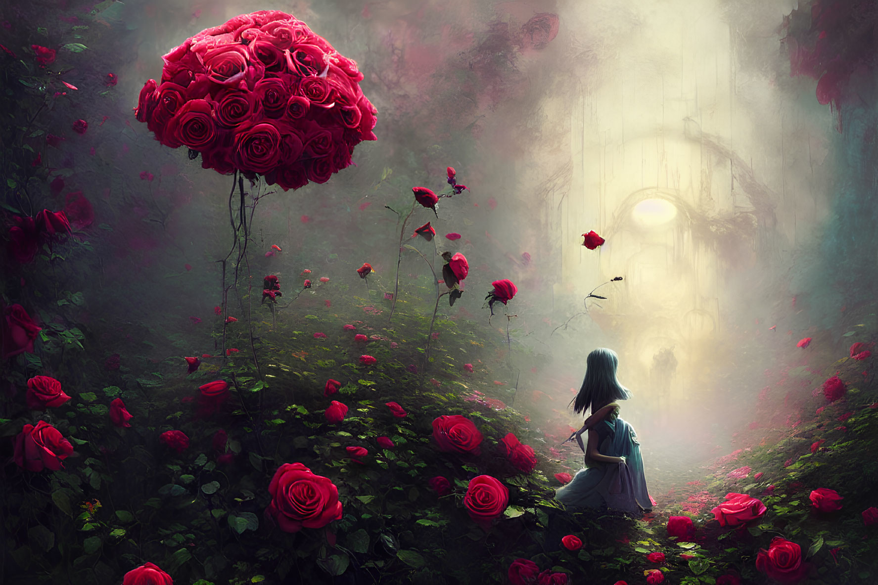 Girl in mystical garden with oversized red roses and warm glowing light