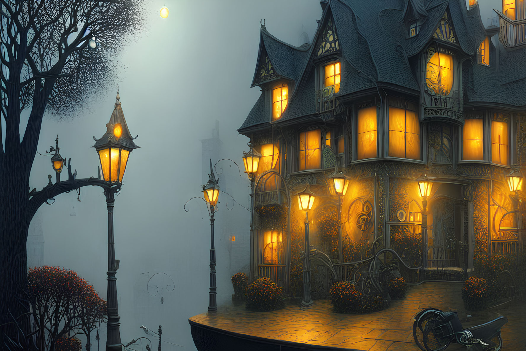 Victorian house in foggy twilight with vintage bicycle and street lamps