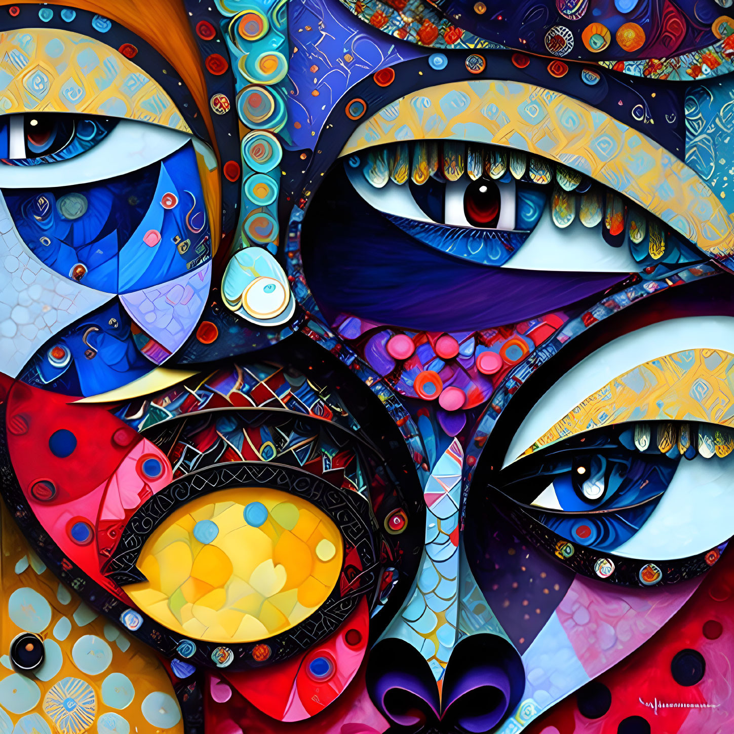 Colorful digital artwork featuring intricate eye patterns and abstract shapes