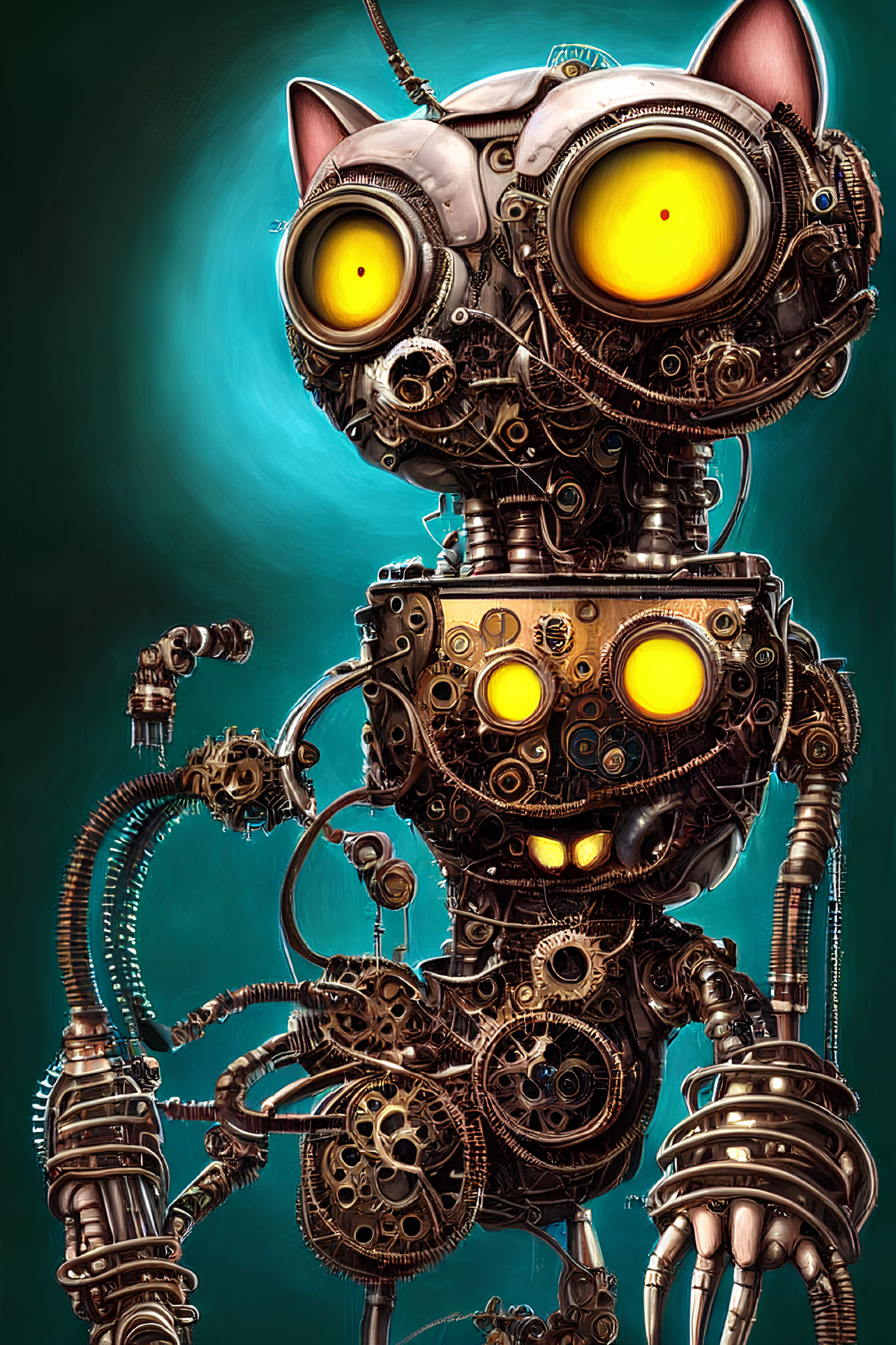 Steampunk-style Robotic Cat with Large Yellow Eyes and Gears on Teal Background