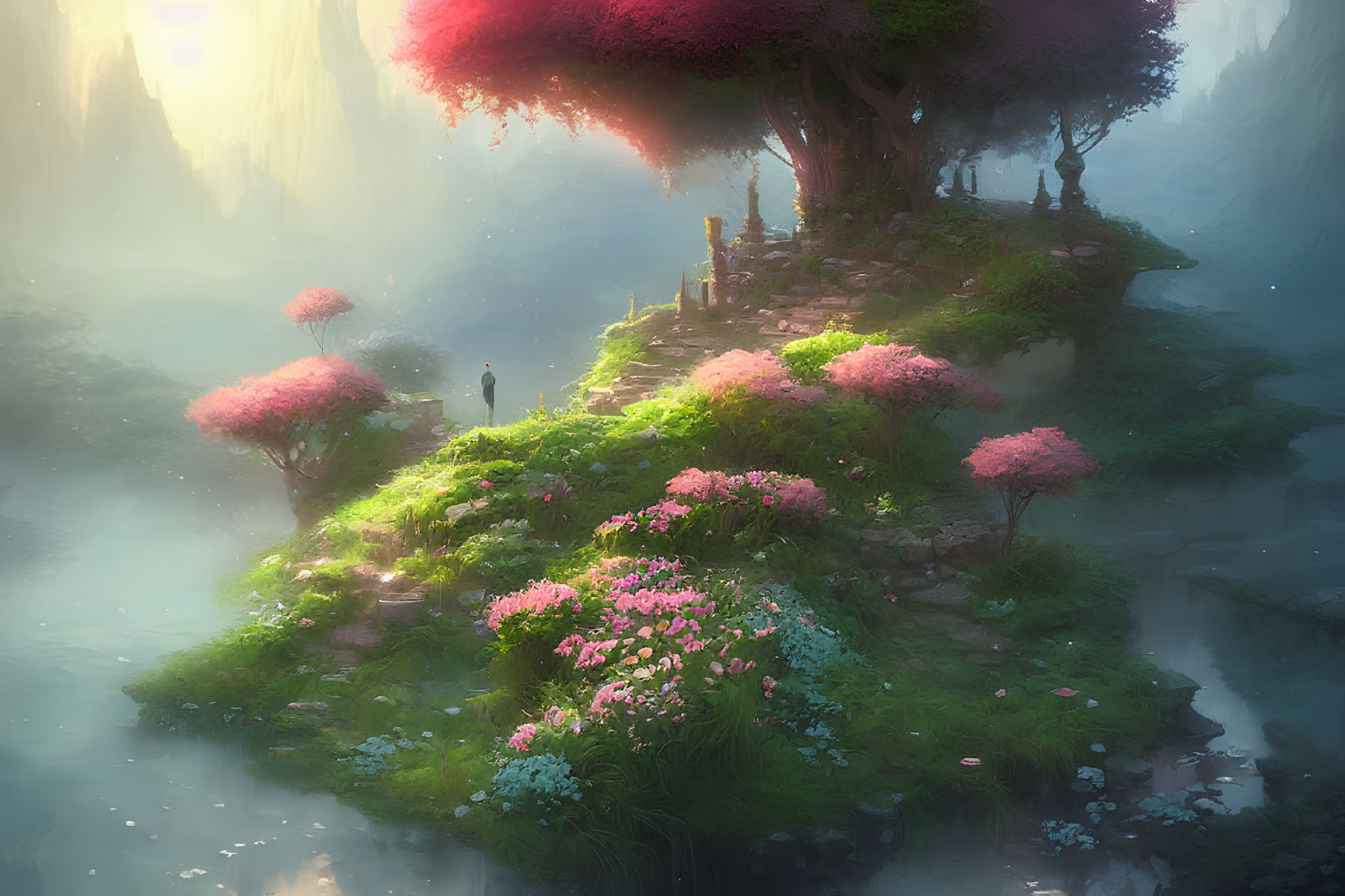 Serene fantasy landscape with misty atmosphere and vibrant pink flowering trees