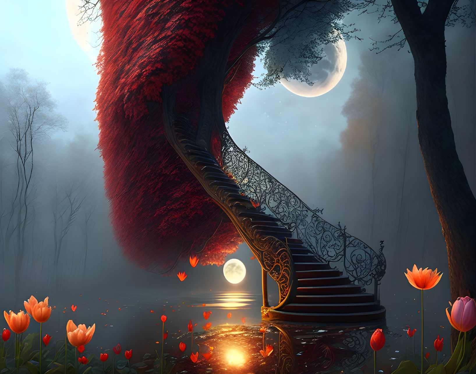 Enchanting artwork: red tree, staircase, moons, water, tulips