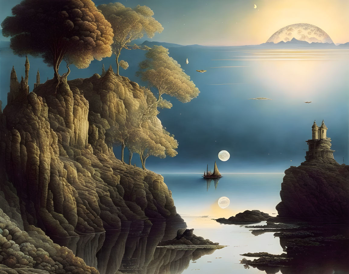 Cliffside landscape with temple, sailboat, and multiple moons