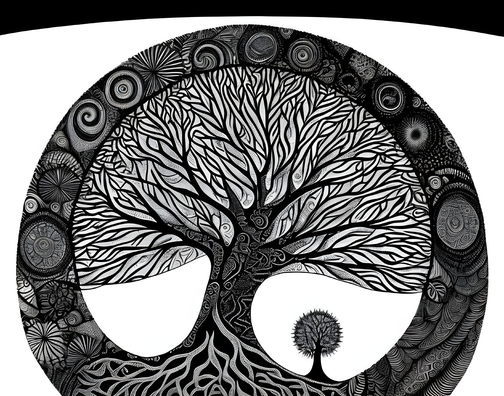 Detailed Black and White Tree of Life Drawing in Circular Pattern
