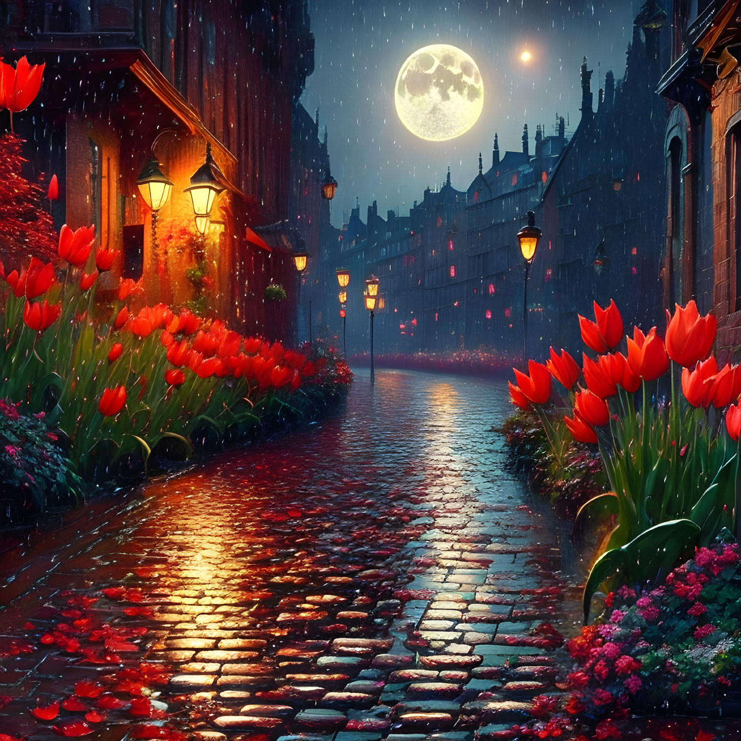 Cobblestone street with red tulips on rainy night & full moon