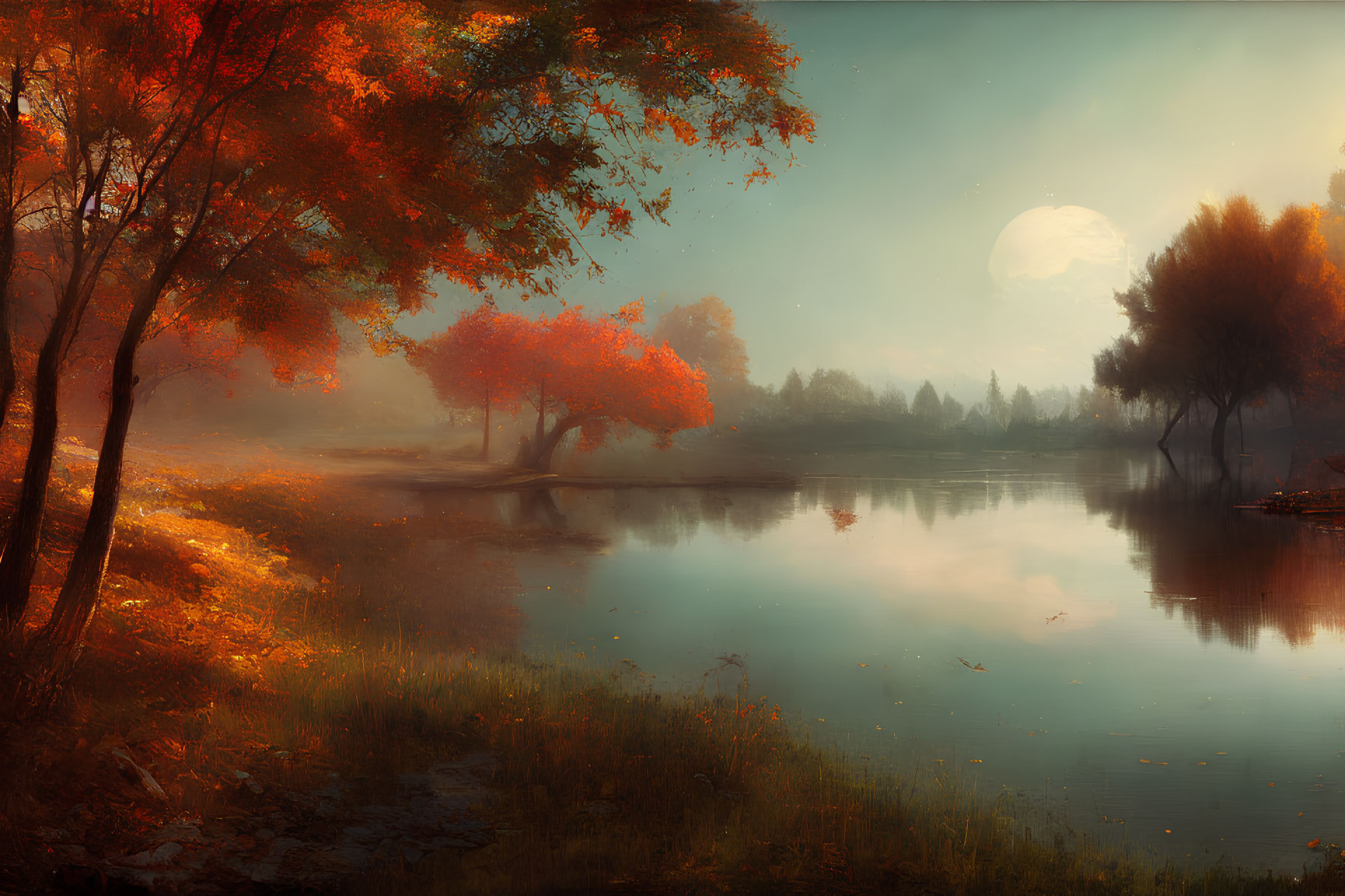 Serene autumn lake with vibrant foliage and sunrise glow