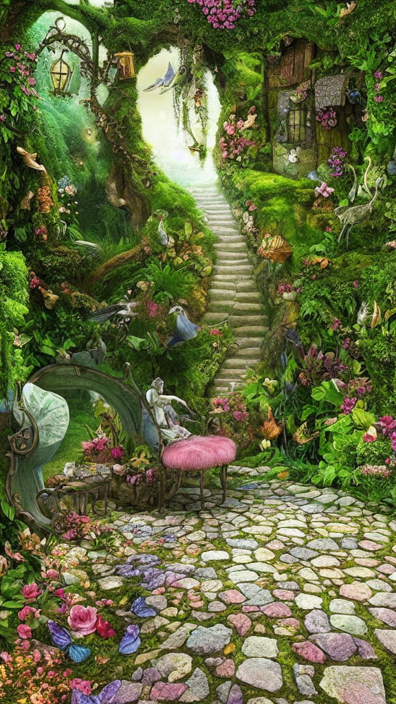 Whimsical garden path with cobblestones, vibrant plants, pink bench, and inviting stairway