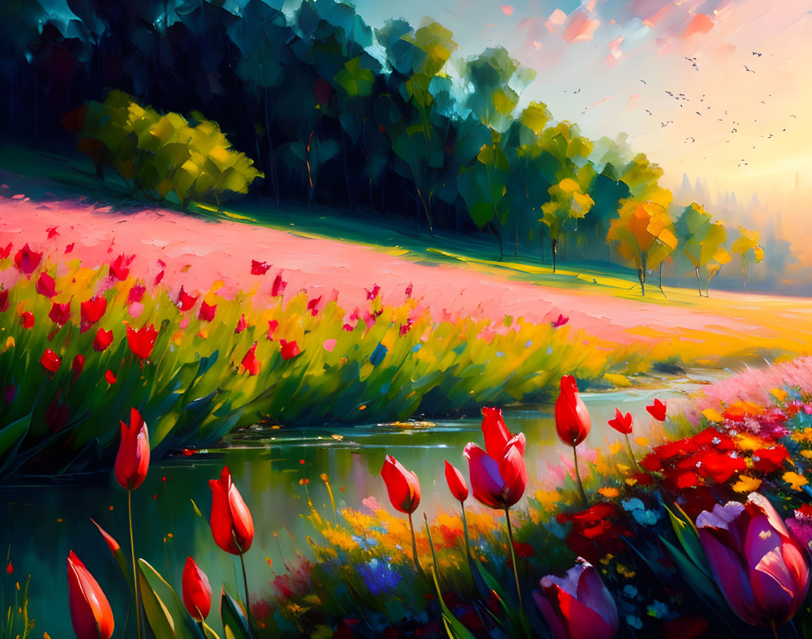 Tranquil river scene with red tulip field, colorful trees, and birds in sunny sky