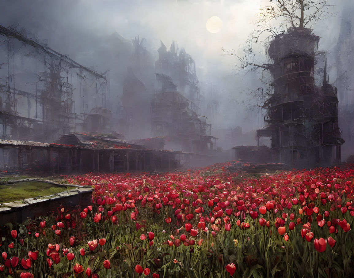 Misty post-apocalyptic landscape with red tulips and dilapidated buildings