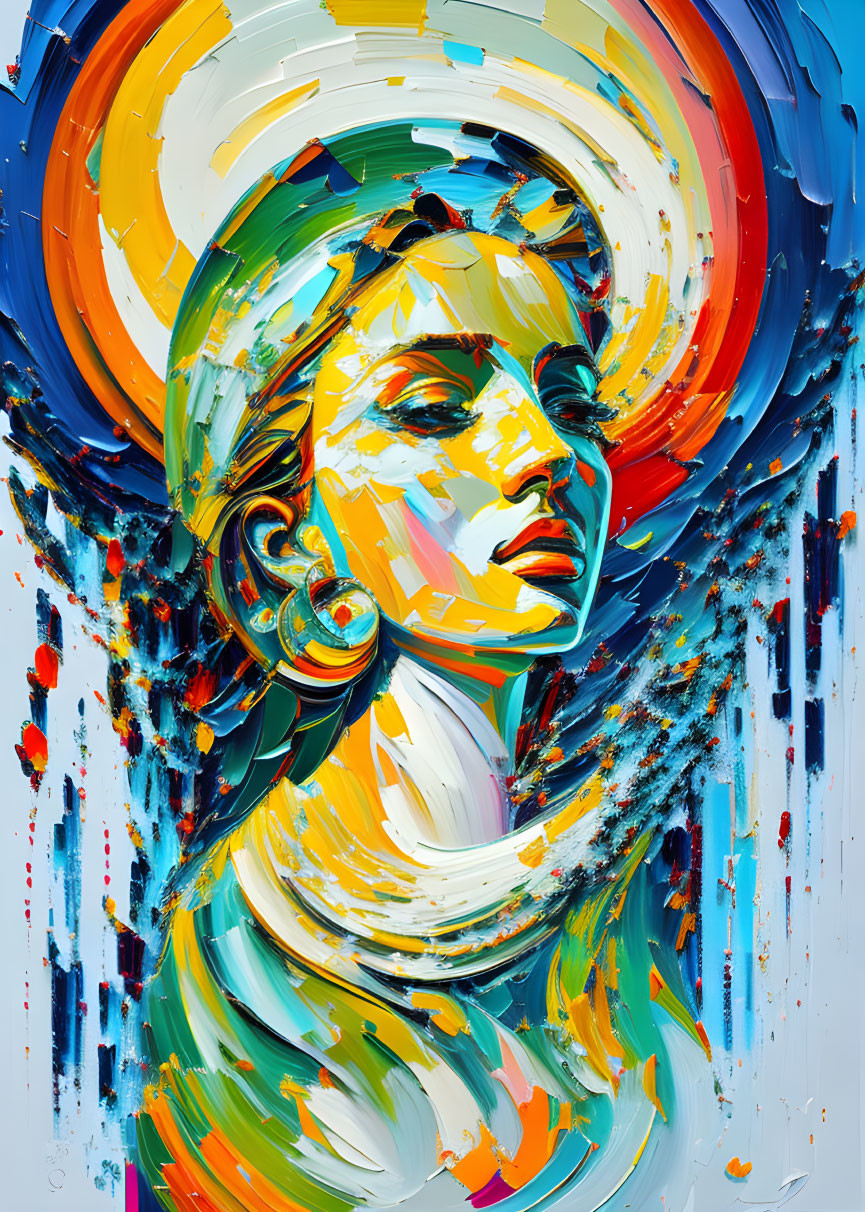 Colorful Abstract Painting of Woman's Profile with Swirling Strokes