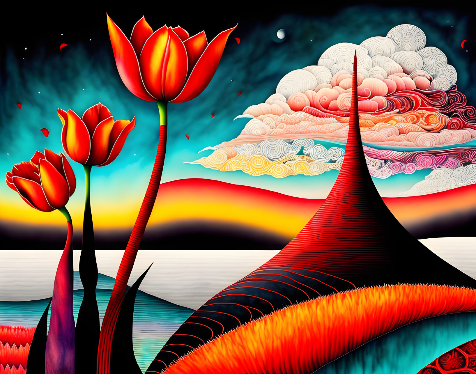 Vibrant tulips in surreal landscape with stylized mountain and crescent moon