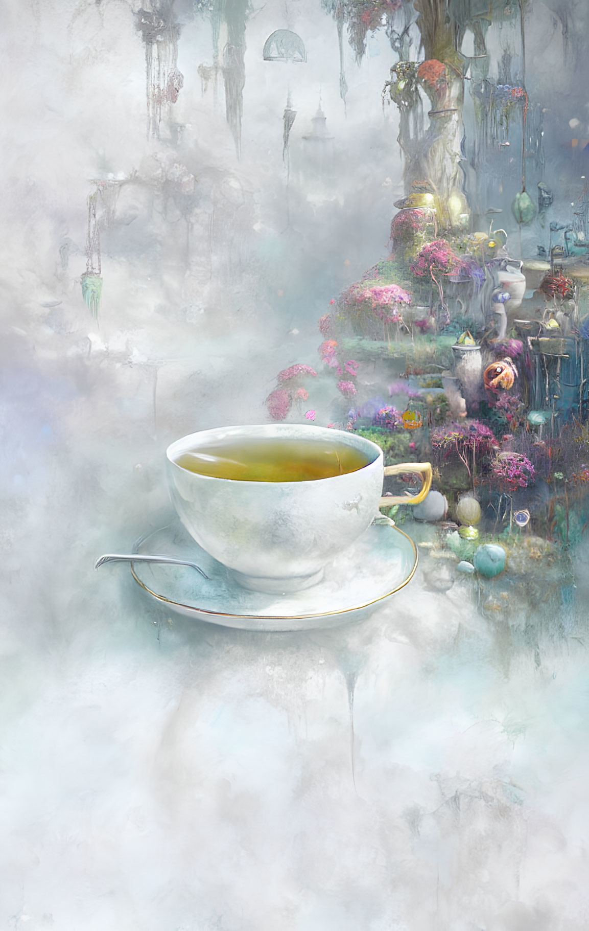 Whimsical steaming teacup with floating gardens and lamps