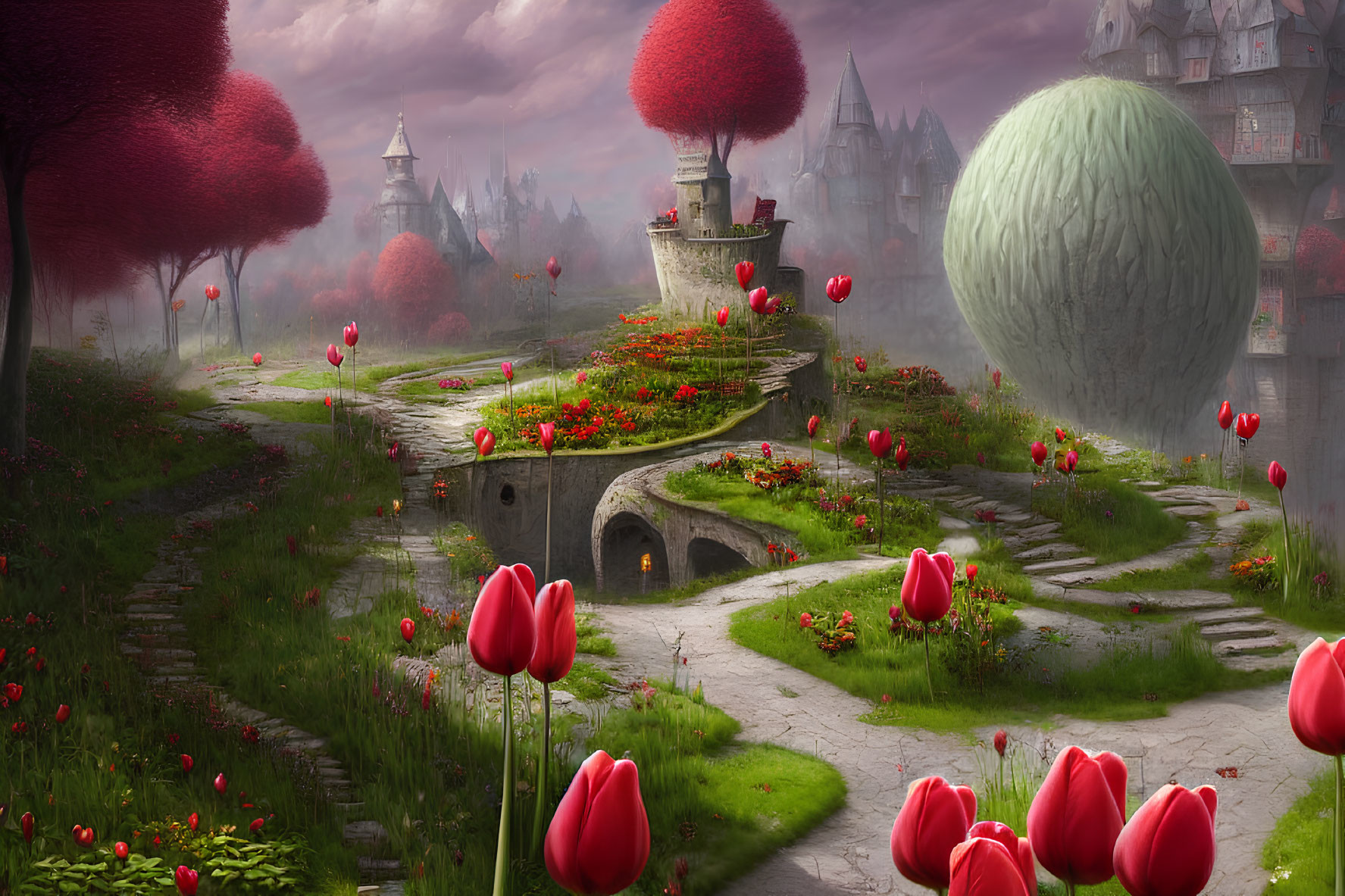 Vibrant red tulips, mushroom-shaped trees, stone bridge, and castle in fantasy landscape