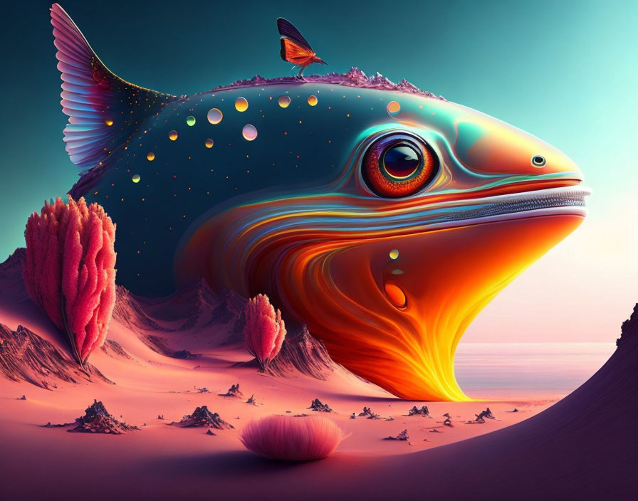 Vibrant giant fish over pink desert landscape