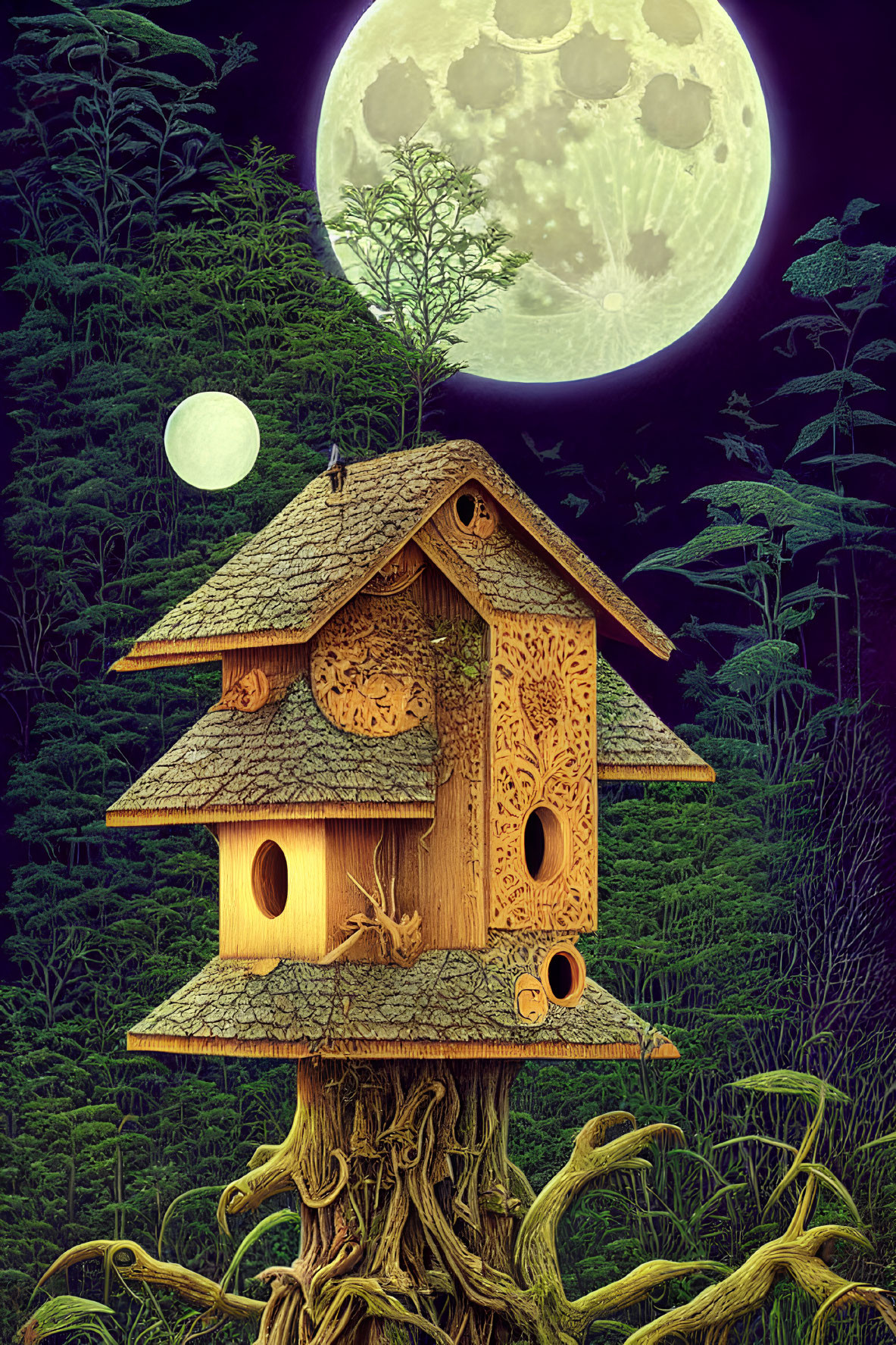 Wooden birdhouse on gnarled roots under full moon in forest night scene