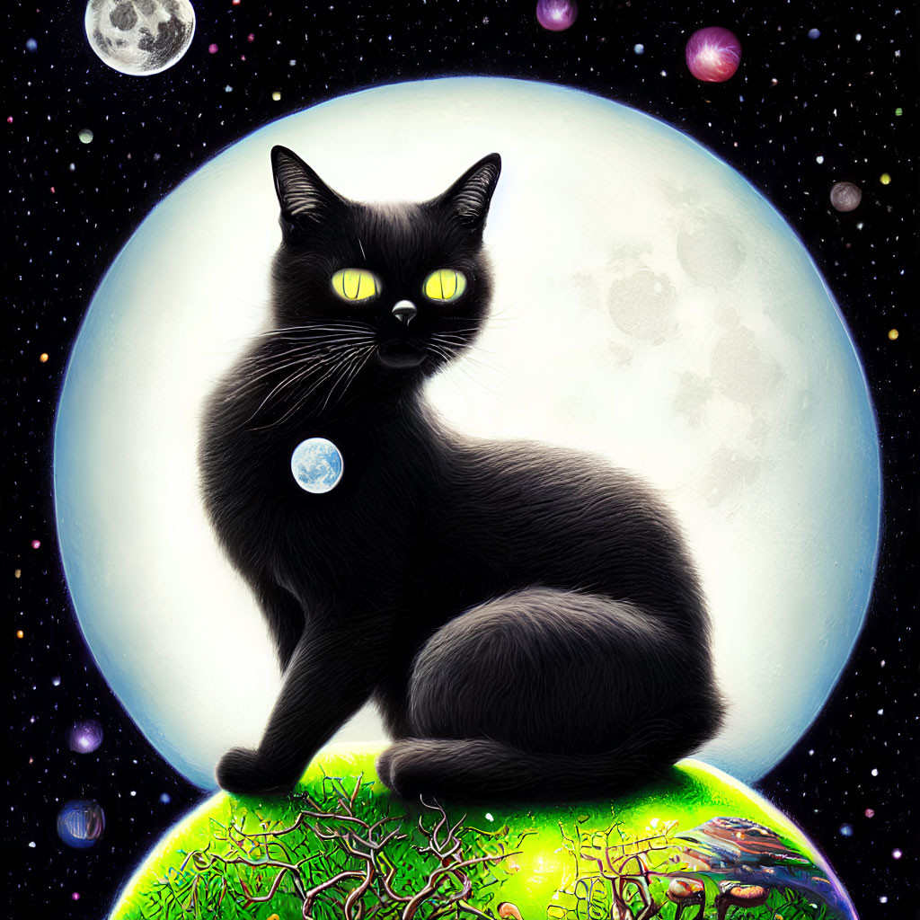 Black Cat with Glowing Yellow Eyes on Green Globe under Starry Night Sky