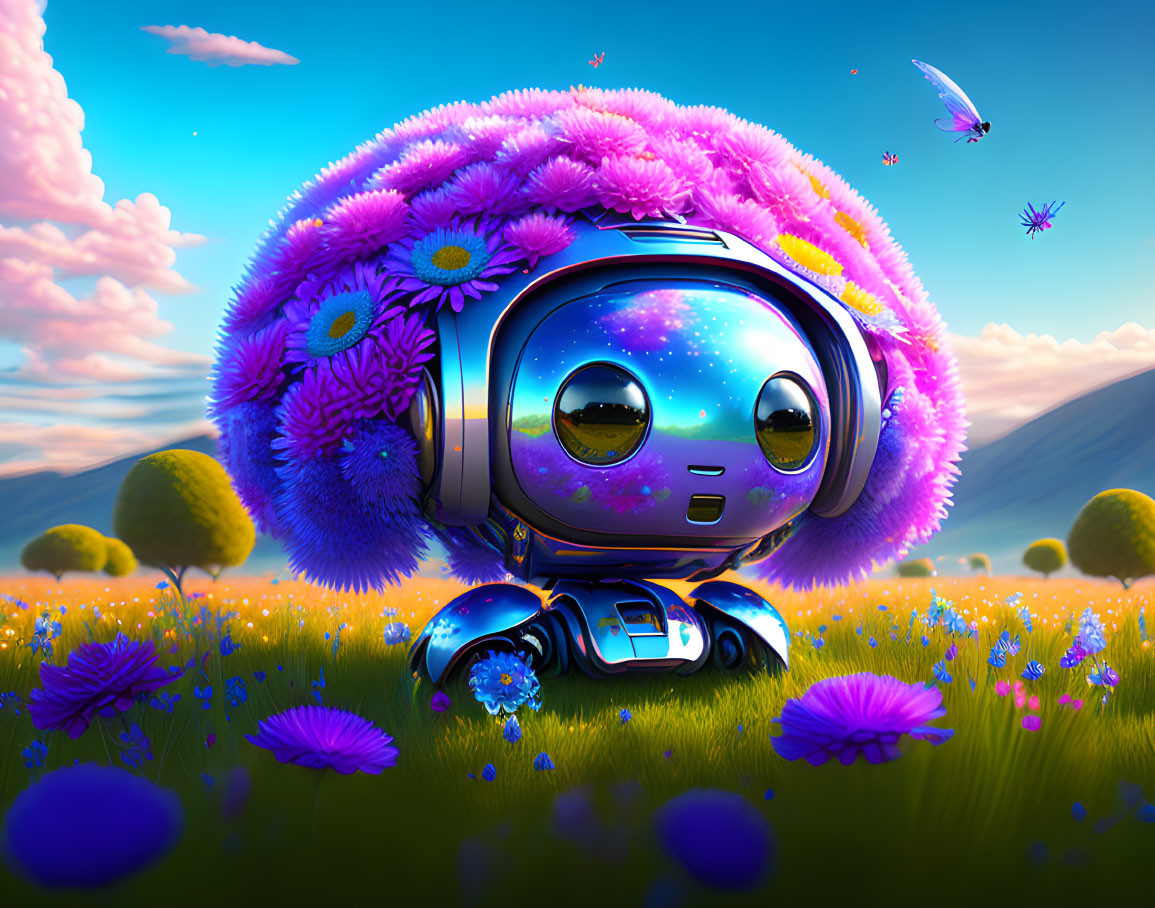 Colorful Cosmic Robot with Pink Earmuff in Meadow