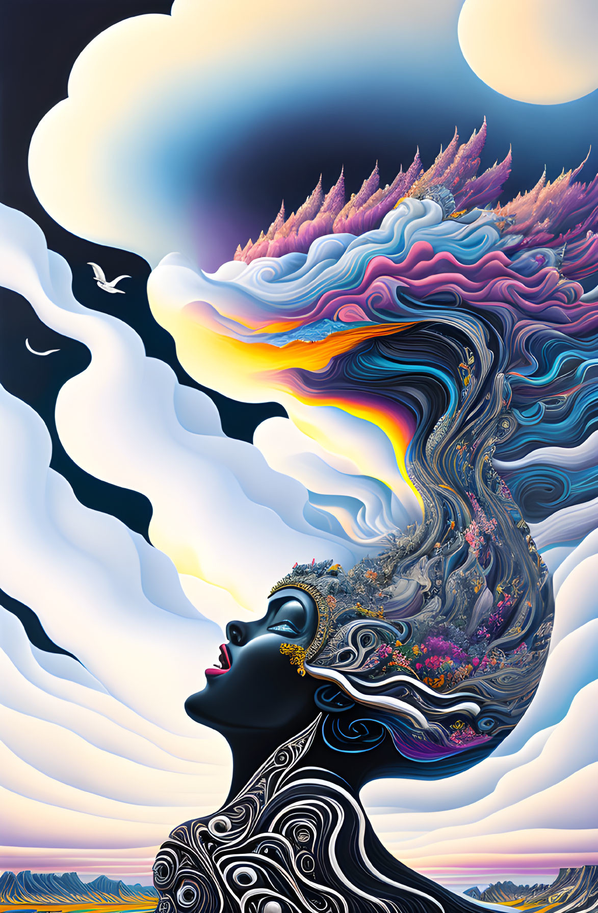 Surreal artwork: Woman's profile with landscape hair