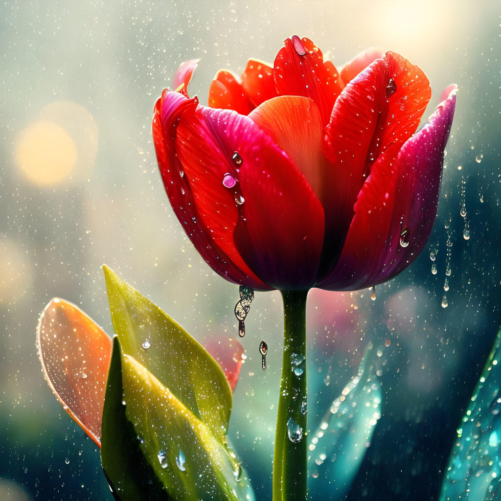 Vibrant red tulip with water droplets on petals against bokeh background.