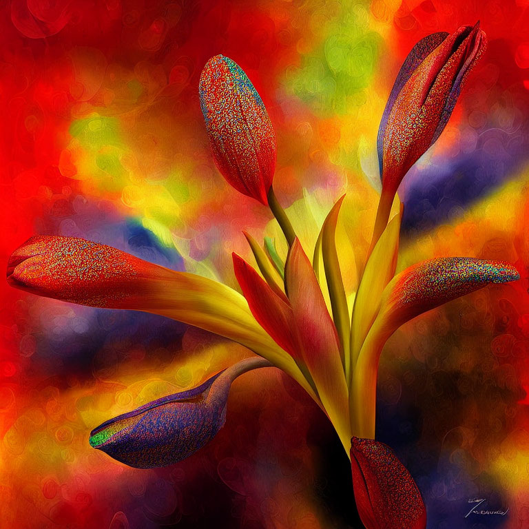 Colorful digital art: red and blue flower with textured petals on bokeh background