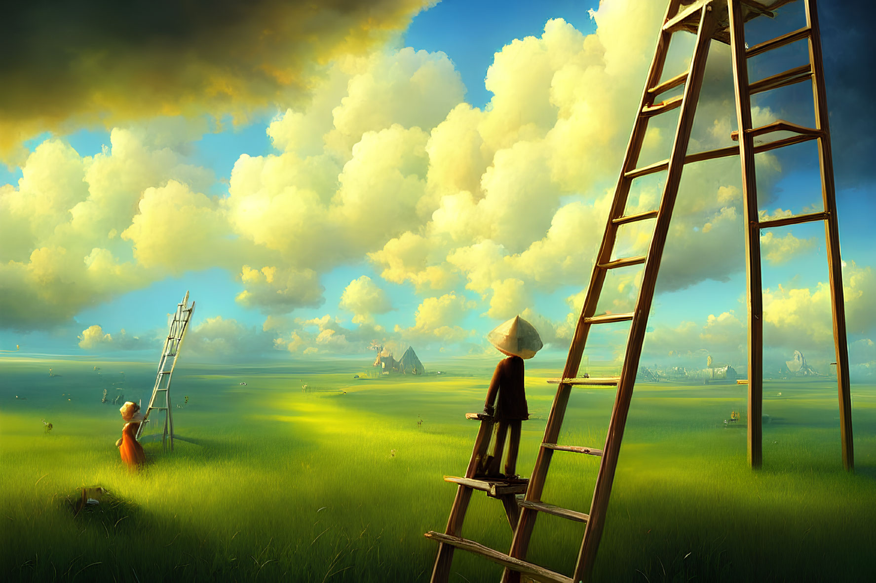 Two figures in a landscape with ladder and dramatic cloudscape