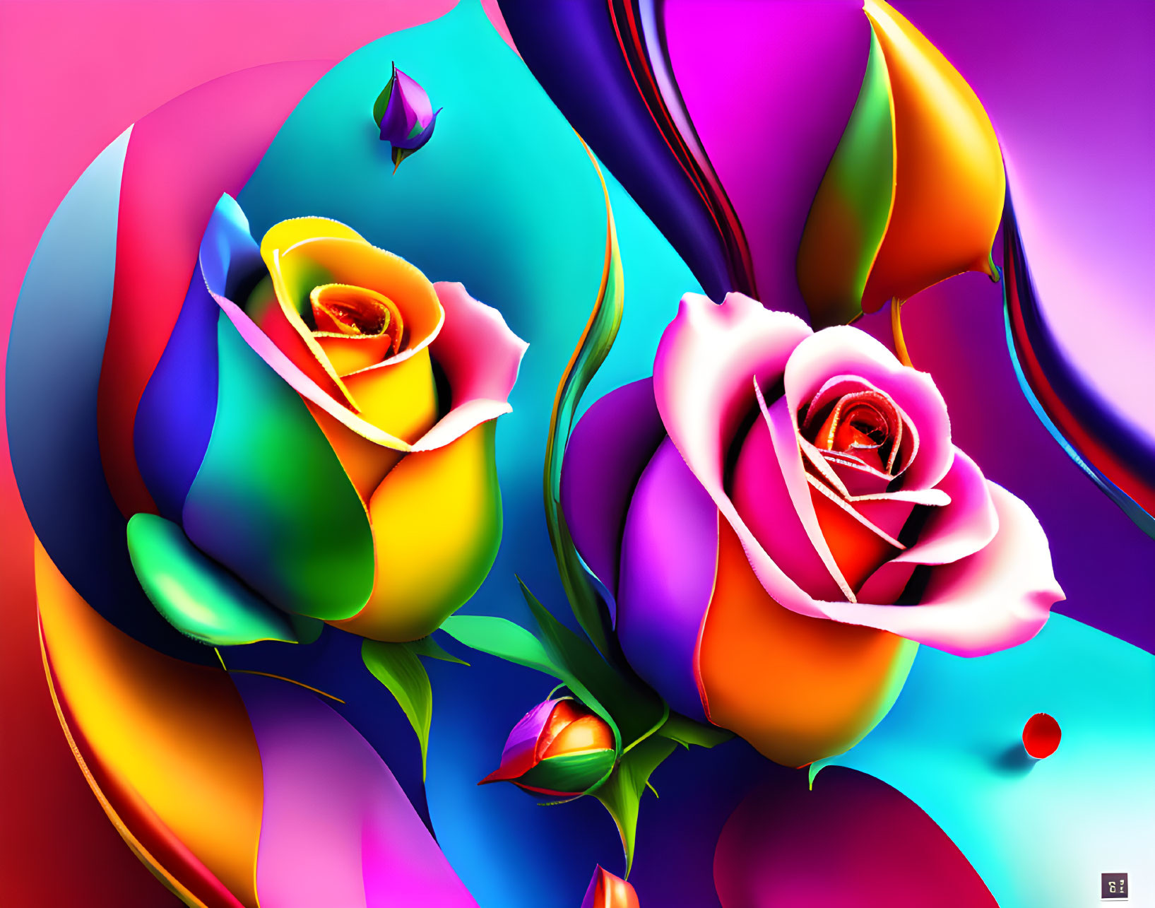 Colorful digital artwork: Multicolored roses on surreal blue and pink backdrop