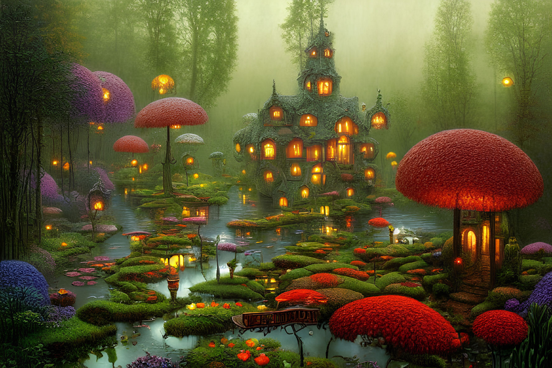 Whimsical cottage in enchanted forest landscape