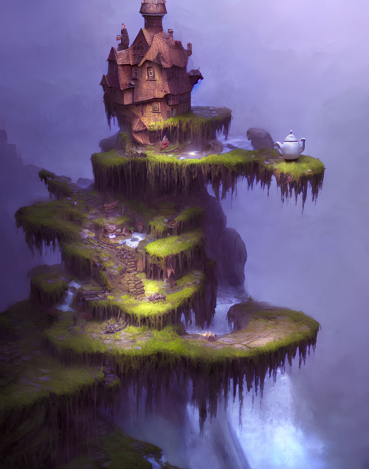 Floating Island with Cottage, Waterfalls, and Misty Landscape