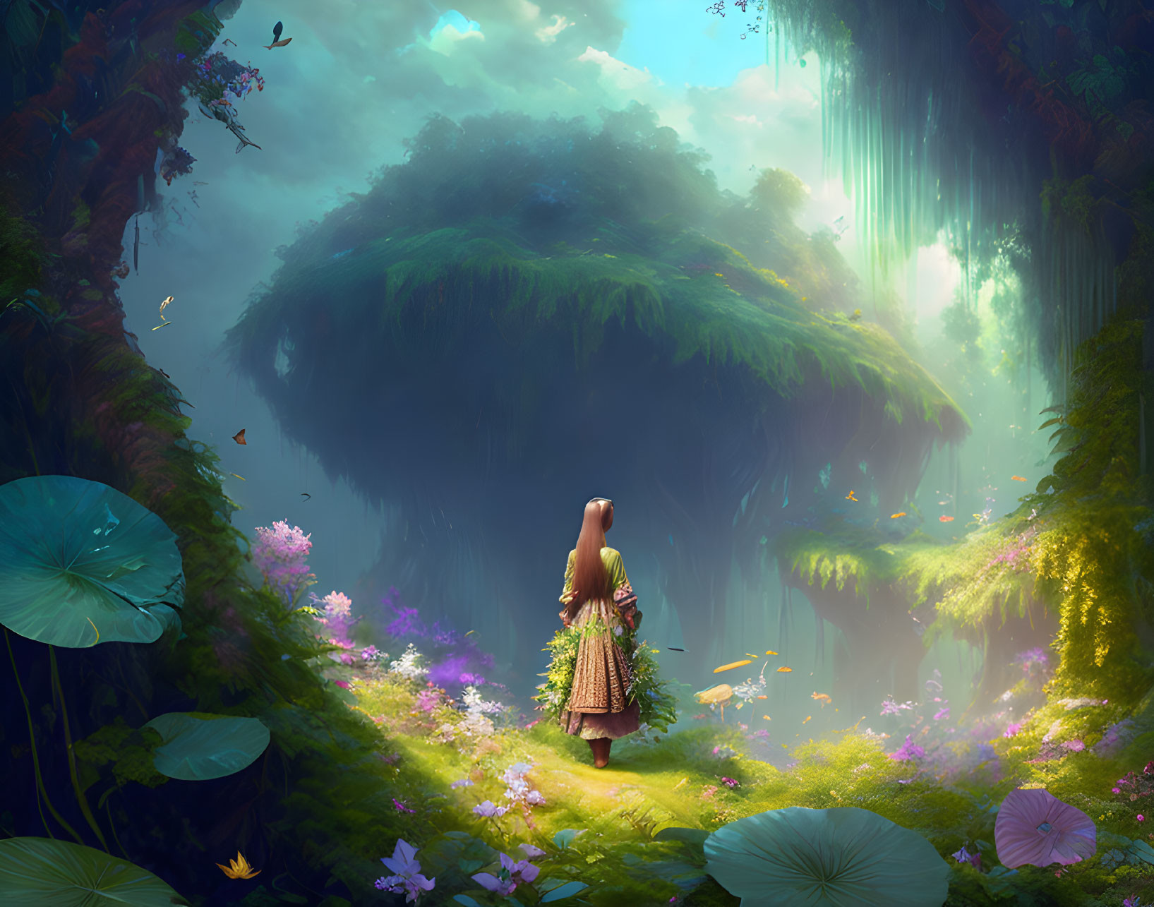 Woman in dress gazes at floating island in mystical forest clearing