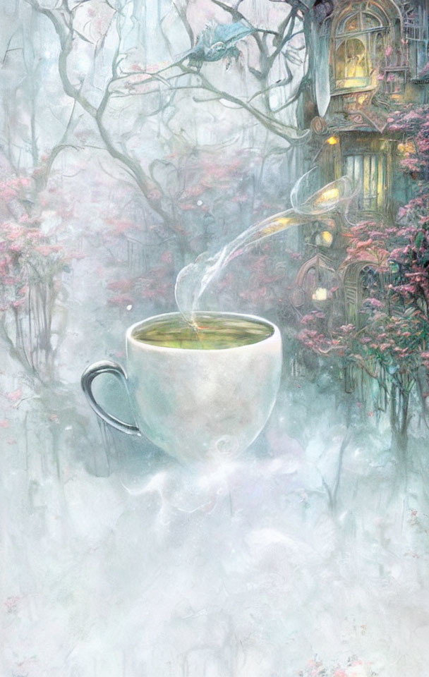 Illustration of giant steaming teacup in enchanted forest with treehouse & pink flowers