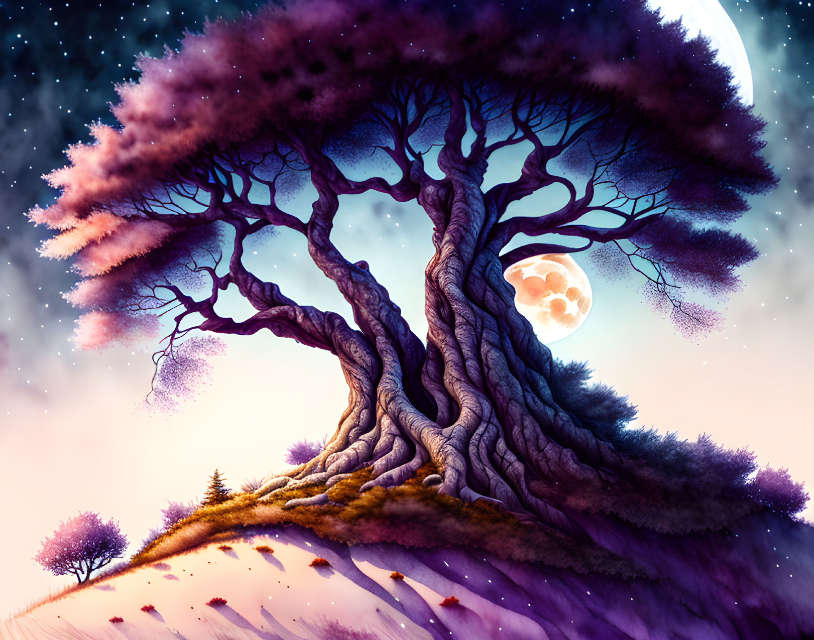 Twisted tree with purple foliage under starry sky and full moon