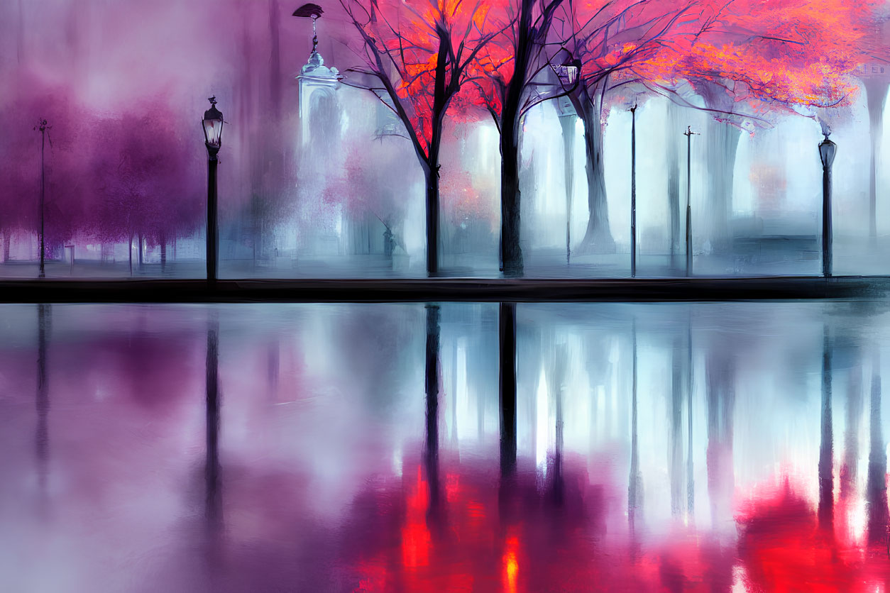 Vibrant pink and purple park with bare trees and vintage lamp posts