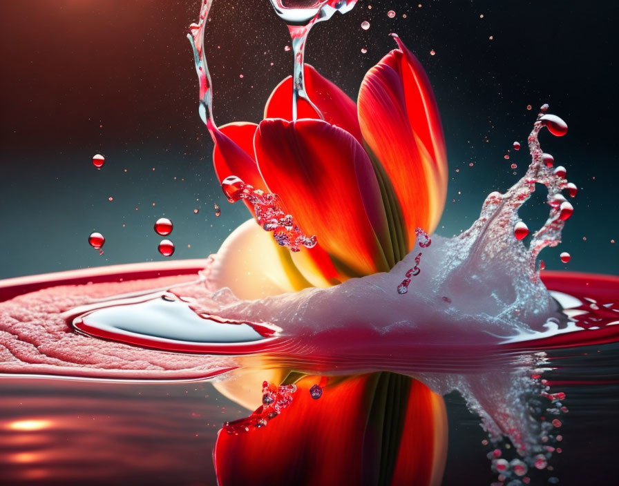 Vibrant red flower with water droplets on glossy surface