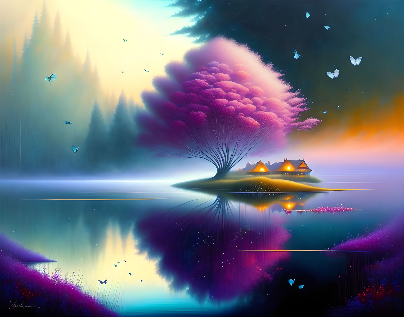 Colorful fantasy landscape with glowing tree, pink foliage, cottages, water, butterflies