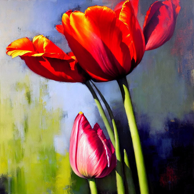 Colorful painting of red and pink tulips on abstract blue and yellow backdrop