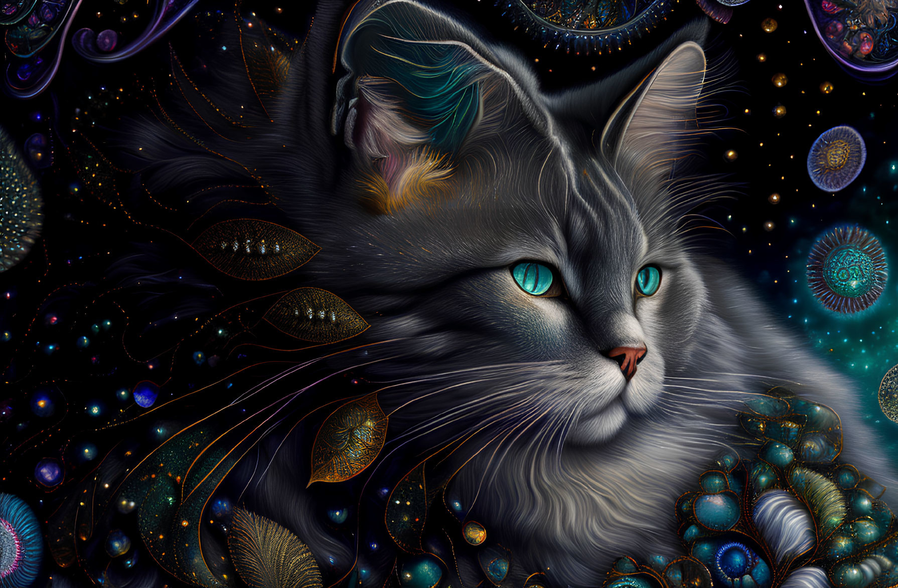 Grey Cat with Green Eyes Surrounded by Cosmic Elements