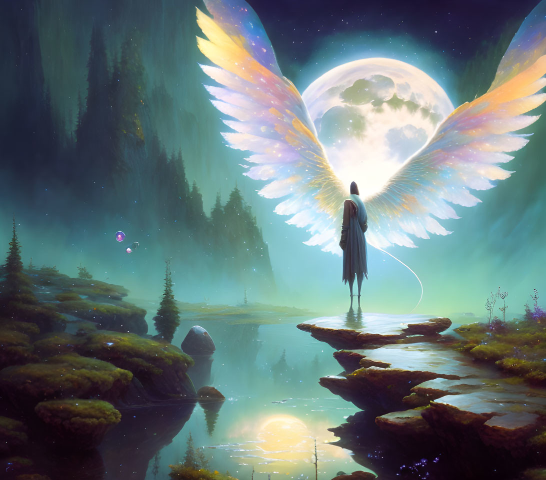 Luminous figure with wings by serene lakeside under full moon