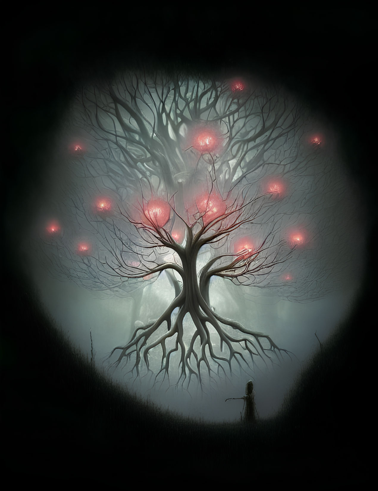 Silhouette of person before mystical tree with glowing red orbs