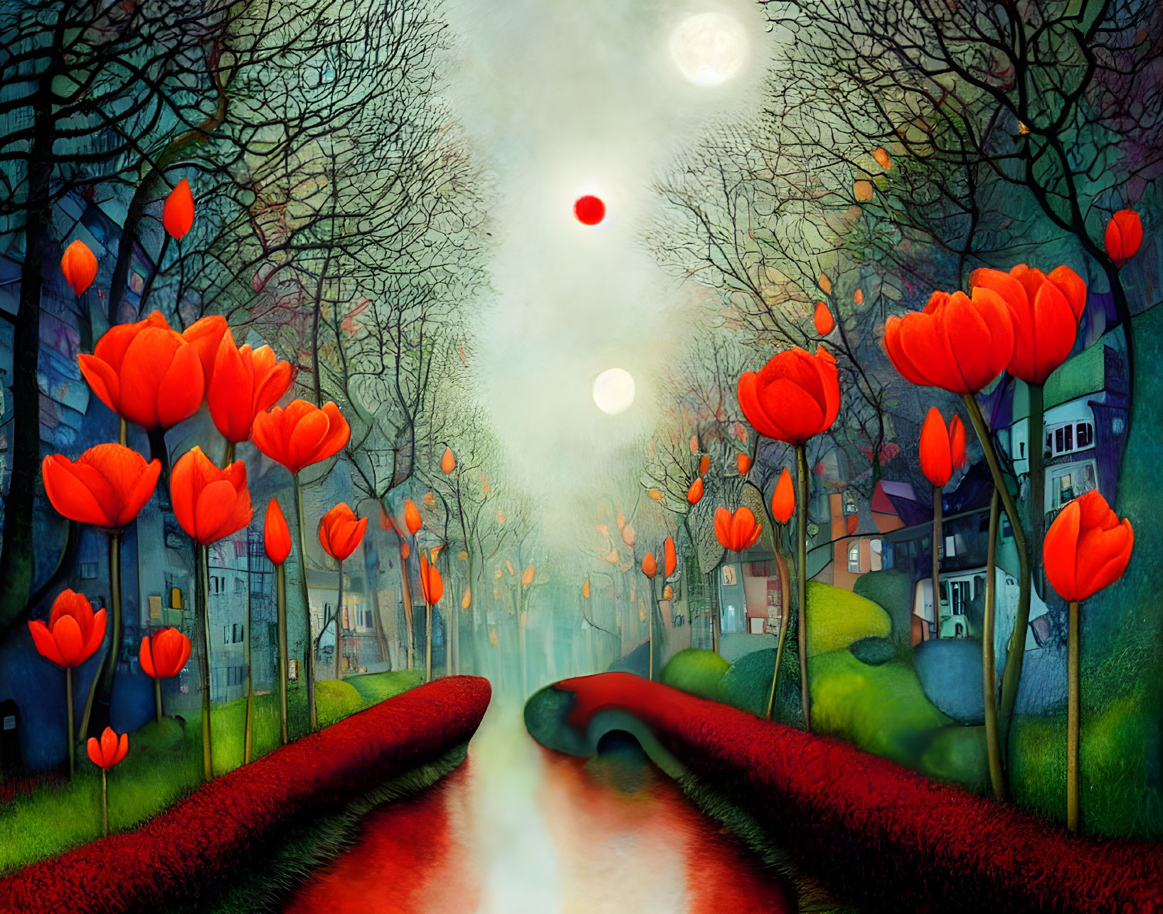 Whimsical painting of oversized red tulips by urban canal with colorful houses