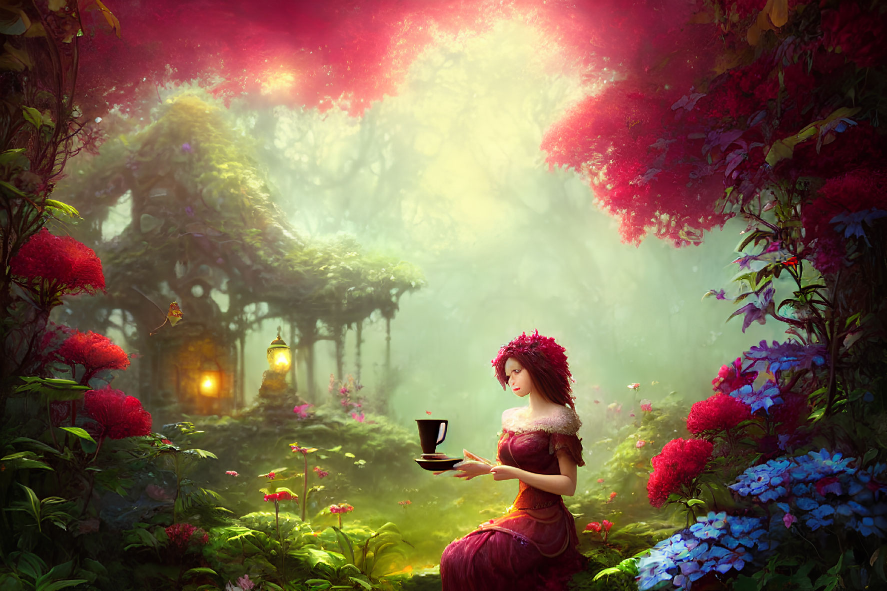 Victorian woman in gown with cup in enchanted garden and mystical lights