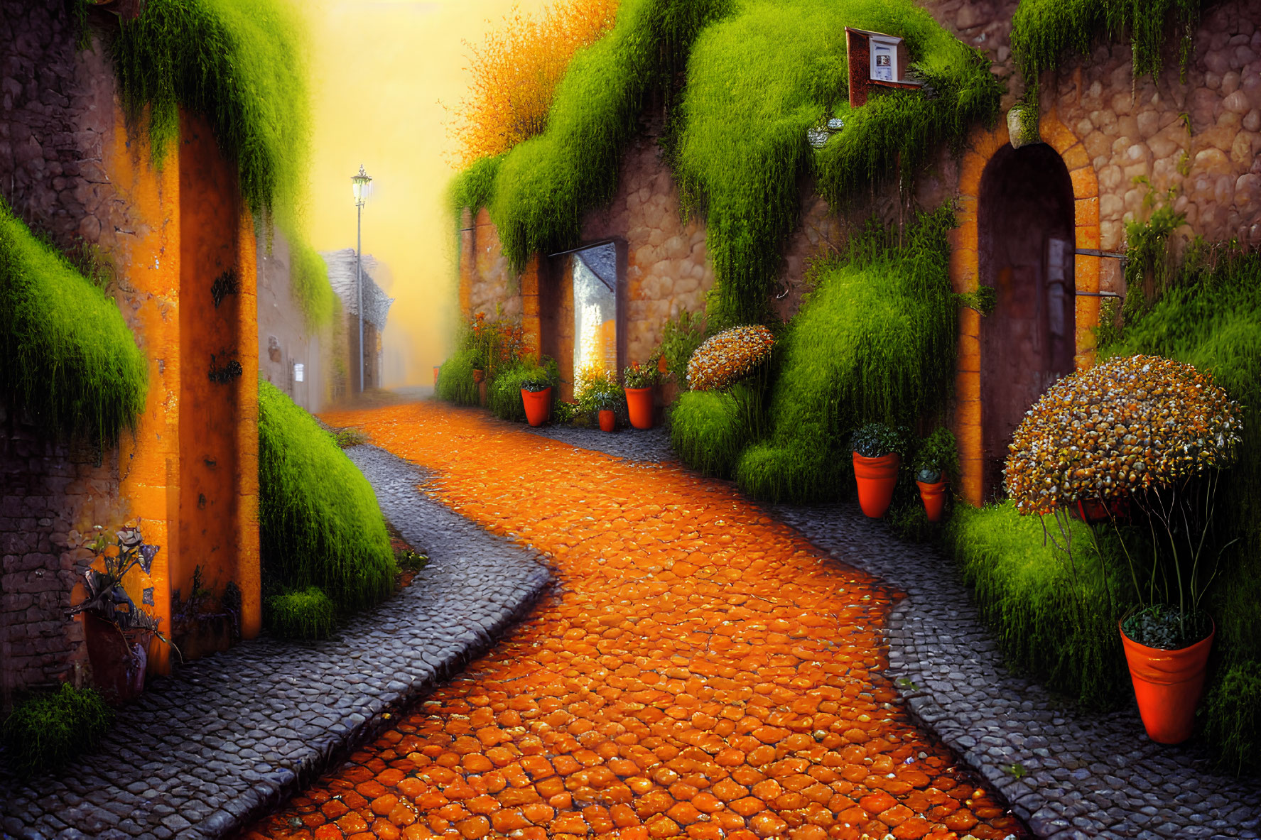 Cobblestone Path in Old Village Street with Moss-Covered Walls and Orange Flowers