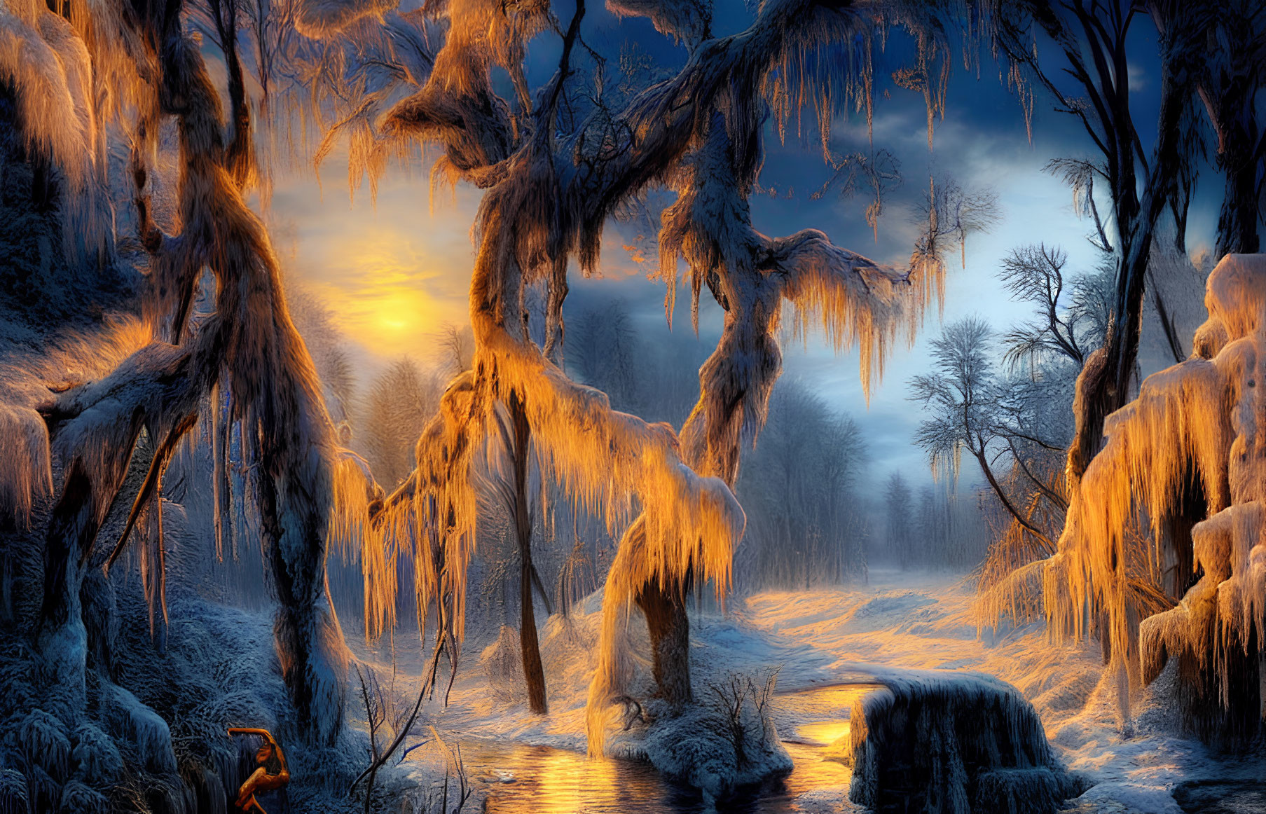 Snow-covered trees, icicles, and glowing sun in serene winter scene