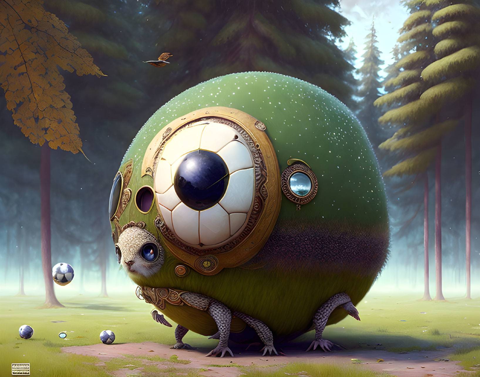 Imaginative lizard-like creature with soccer ball shell in serene forest