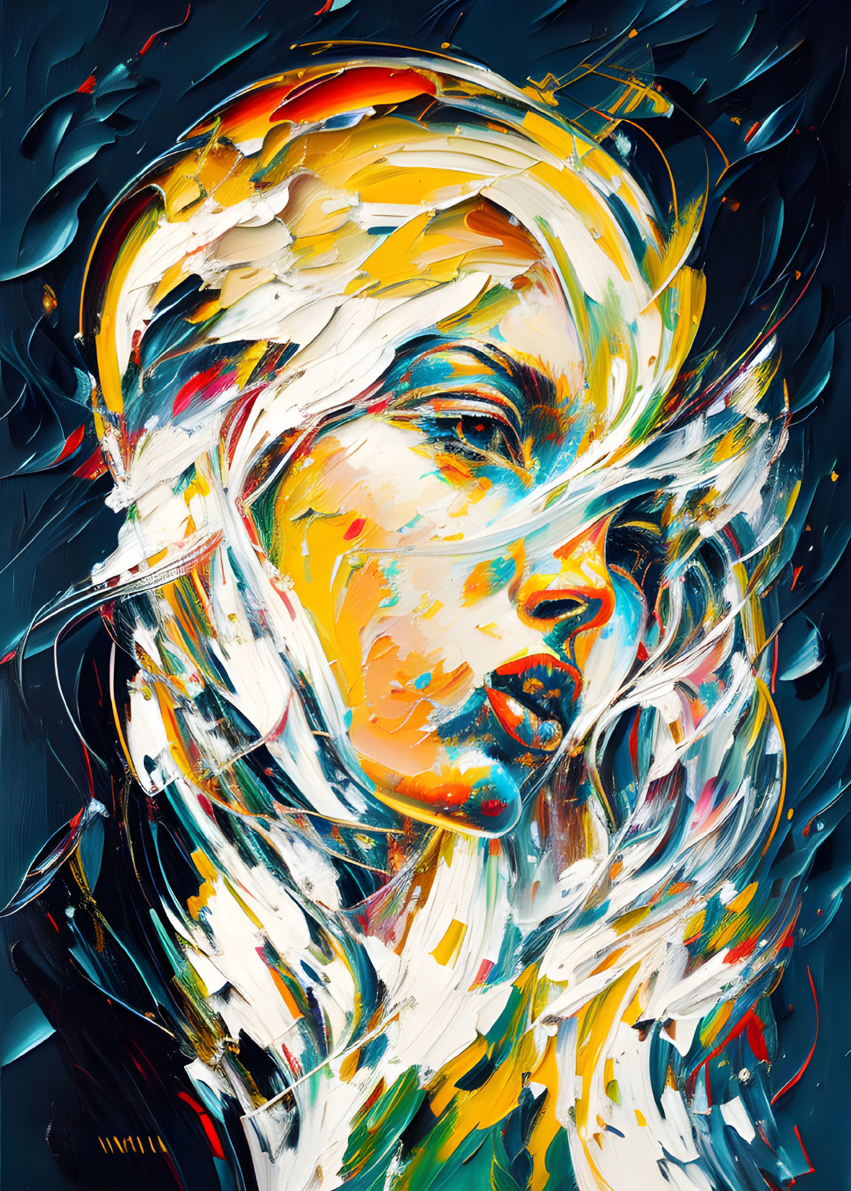 Abstract portrait of a woman with yellow, blue, and white paint streaks
