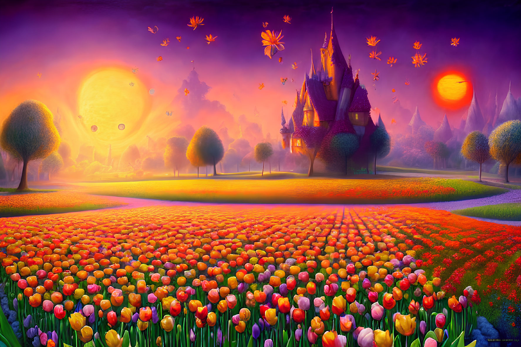 Colorful tulip fields with castle under sunset sky