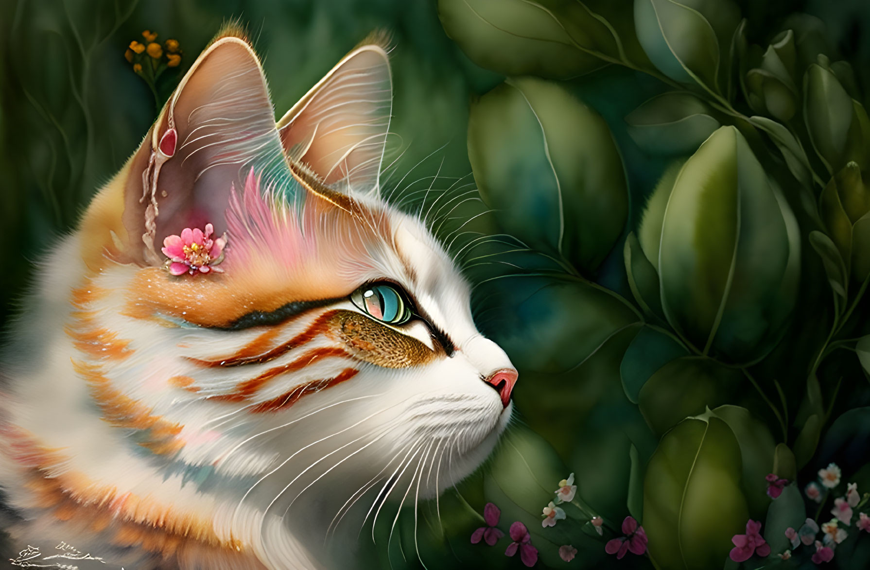 Vivid Green-Eyed Cat with Floral Accents in Lush Green Setting